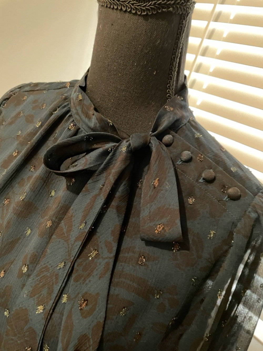 Ann Taylor Romantic Bow Blouse Size XS Green Romanticized Goth Vintage Inspired